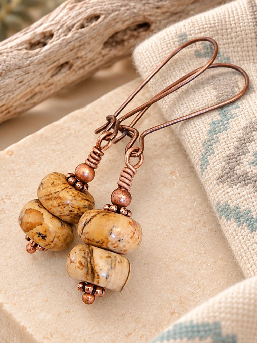 Boho Copper Dangle Earrings, Picture Jasper, Fall Autumn, Handcrafted, Stone